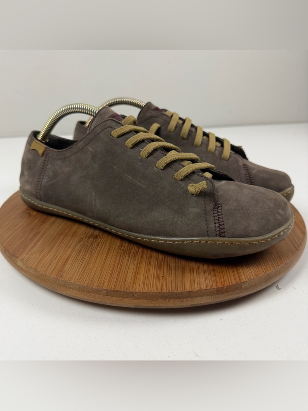 Camper Men's Suede Sneakers in Taupe with Olive Laces